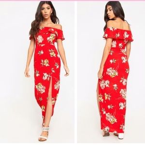 Red Floral Bardot Maxi Dress